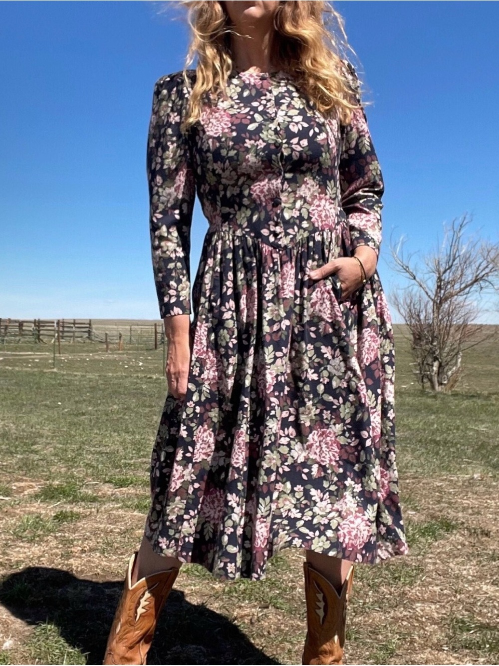 Laura Ashley Floral Long-Sleeve Midi Dress in Dark Navy with Pink Blooms Size 10